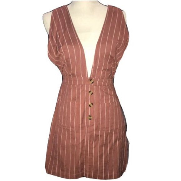 Japna Striped Linen Blend Dress Vintage Overall Feel Crisscross Back Pinafore M - Picture 2 of 11